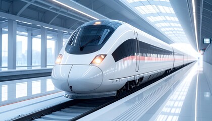 Fototapeta premium Close-up of sleek high-speed train front at station, symbolizing modern transportation technology and futuristic infrastructure.