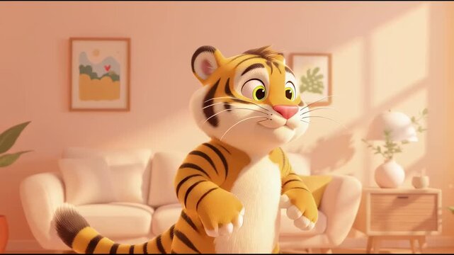 Cute cartoon tiger dancing happily in a cozy living room, 3D animation