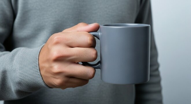 A person holding a gray coffee mug in their hand wearing a sweater