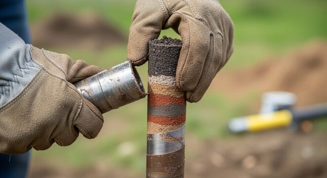 A person wearing gloves holds a soil sample core with a metal casing outdoors