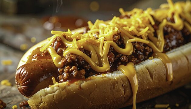 Delicious chili dog with melted cheese and mustard drizzle on a toasted bun showcasing classic American fast food indulgence and culinary delight