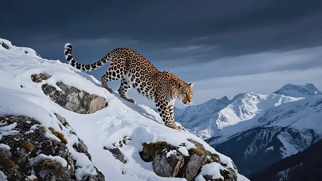Leopard on snowy mountain