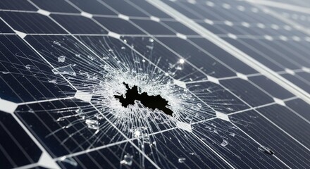 A close-up view of a damaged solar panel with a cracked surface and broken glass