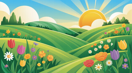 Naklejka premium Vector illustration of a sunny landscape with colorful flowers and rolling hills