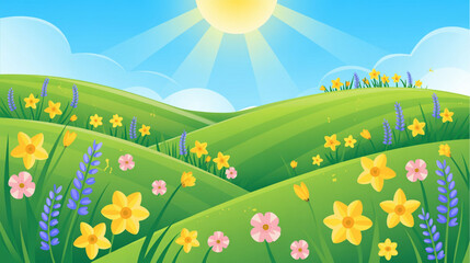 Fototapeta premium Vector sunny landscape with colorful flowers and green hills