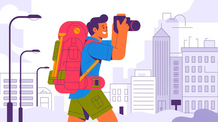Fototapeta premium Vector illustration of tourist with camera and backpack in city