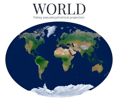World Map. Fahey pseudocylindrical projection. High Detail Physical Map of The World. Raster Graphic Illustration.