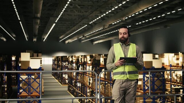 Warehouse worker, customer service calls, logistics hub, shipment details, checking parcel tracking info. Transmitting AWB numbers on headset for e-commerce operations, shipment dispatch.