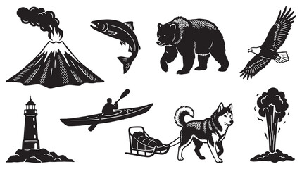 Collection of Alaskan Icons: Volcano, Salmon, Bear, Eagle, Lighthouse, Kayaker, Sled Dog, and Geyser. © Riki
