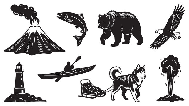 Collection of Alaskan Icons: Volcano, Salmon, Bear, Eagle, Lighthouse, Kayaker, Sled Dog, and Geyser.
