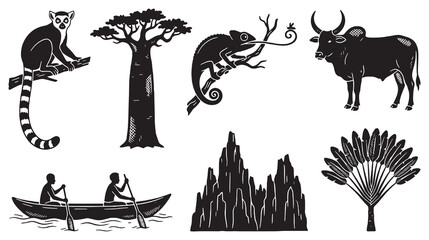 Collection of Silhouettes Representing Madagascar Wildlife, Nature, and Culture. © Riki