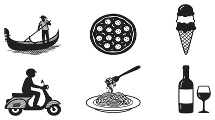 Collection of Italian cultural icons including a gondola, pizza, ice cream, scooter, spaghetti, and wine. © Riki