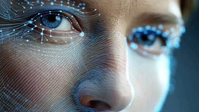 Vision of Tomorrow: A close-up of a person's eye showcases a futuristic blend of technology and the human form, with digital elements interwoven around the eye. 