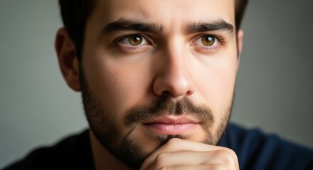 Obraz premium Introspective portrait of a serious young man with a dark beard, his gaze reflecting deep contemplation and profound thought, captured in a moment of quiet reflection