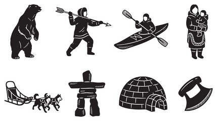 Collection of traditional Inuit cultural symbols and activities depicted in silhouette style. © Riki