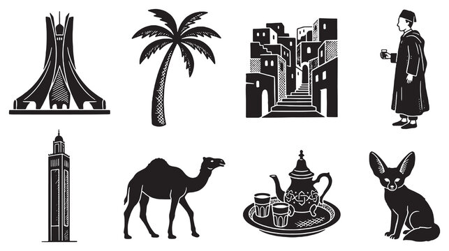 Collection of iconic symbols and elements representing North African culture and landmarks.