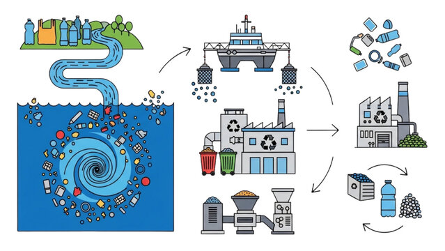Ocean Plastic Pollution Recycling Process Diagram Infographic Vector Illustration