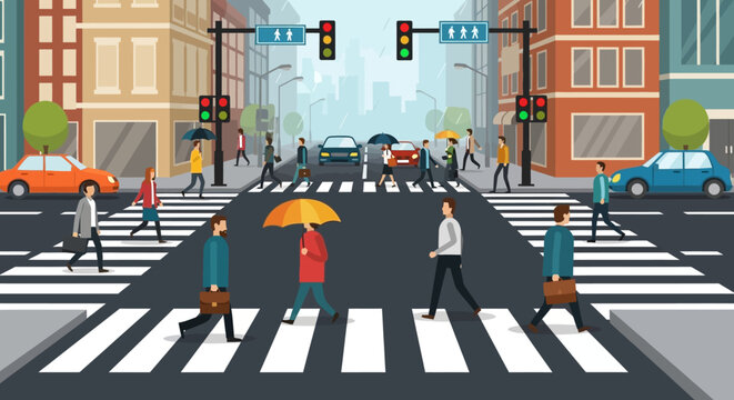 People Walking Across City Crosswalk at Busy Urban Intersection