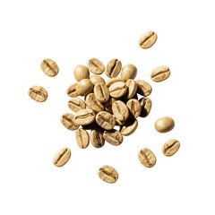 Obraz premium A flat lay macro of light roasted arabica beans, pale beige, highly textured with creases, scattered on a transparent studio background with soft shadows. Concept for premium coffee packaging design