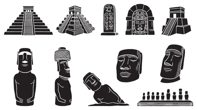 Collection of ancient stone monuments and structures, including Mayan pyramids and Easter Island Moai statues.