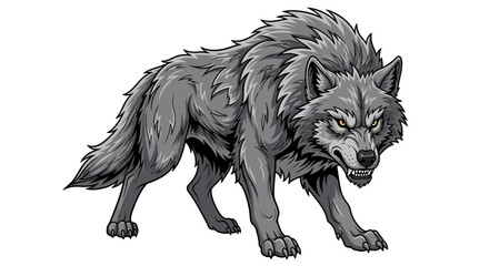 Fototapeta premium A large and wild dire wolf with grey fur isolated on a white background. Big canis dirus, a giant canine animal from the Pleistocene and ice age era