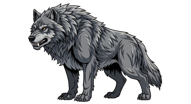 A large and wild dire wolf with grey fur isolated on a white background. Big canis dirus, a giant canine animal from the Pleistocene and ice age era