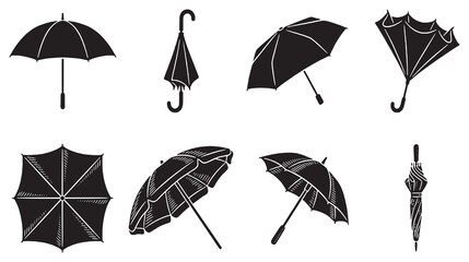 Collection of black silhouette umbrellas in various open and closed positions, isolated on a white background. © Riki