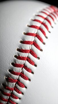 Close-up of baseball stitching details showcasing the red thread and white leather perfect for sports equipment ads and game day promotions