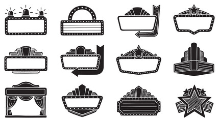Collection of vintage marquee signs and retro theater marquees with blank spaces for text. © Riki