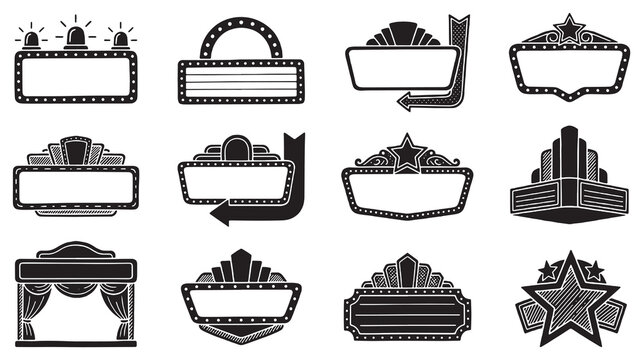 Collection of vintage marquee signs and retro theater marquees with blank spaces for text.