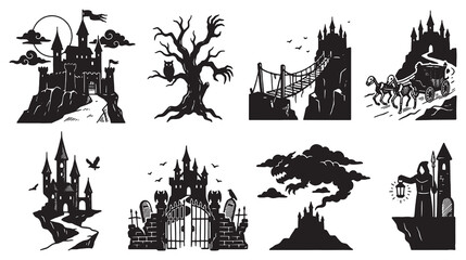 Obraz premium Collection of spooky silhouettes featuring castles, haunted trees, and eerie landscapes for Halloween themes.