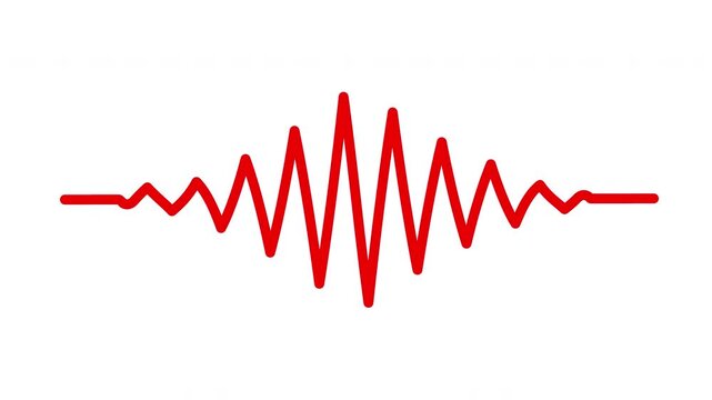 Red jagged audio waveform signal with varying amplitude on white background, flat design sound visualization element for music, technology, and broadcast projects, seamless loop animation