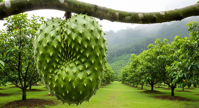 Ripe Soursop Fruit Hanging on Tree Branch in Tropical Orchard. A large, vibrant green soursop (graviola / durian belanda) fruit with distinctive soft spines hanging directly from a thick tree branch
