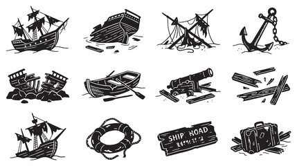 Collection of vintage nautical and pirate-themed illustrations including ships, anchors, cannons, and shipwrecks. © Riki