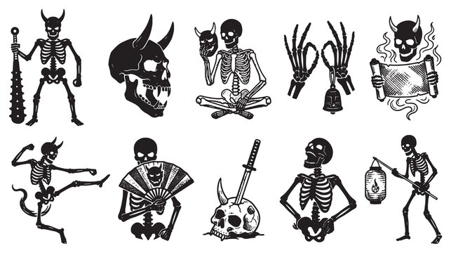 Collection of stylized skeleton illustrations with demonic and spooky elements, perfect for Halloween or gothic themes.