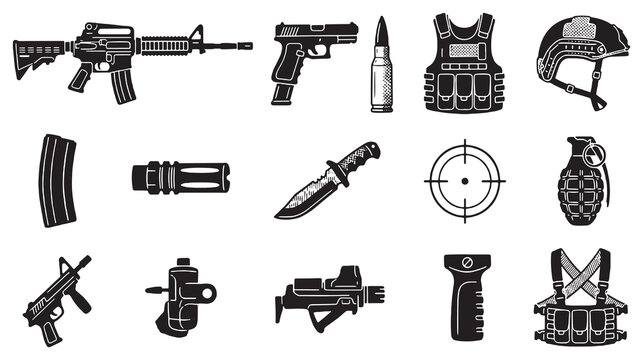 Collection of military and tactical equipment icons, including firearms, ammunition, body armor, and accessories, presented in a clean, vector graphic style.