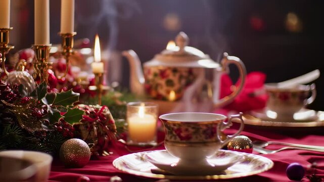 Elegant Christmas Tea Party Setting with Steaming Teapot and Candles.