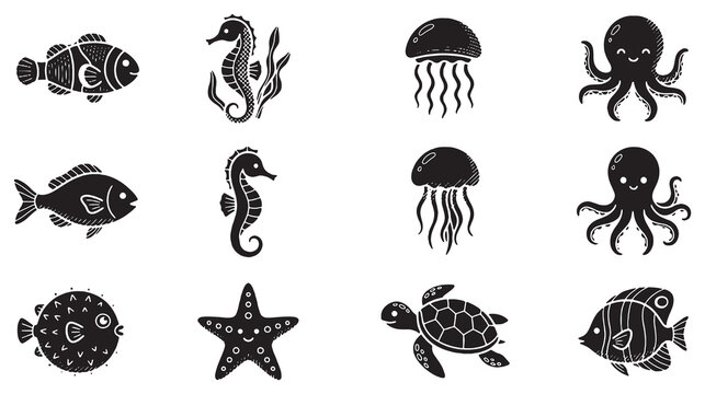 Collection of cute cartoon sea creatures and marine life in silhouette style, perfect for children's illustrations and educational materials.