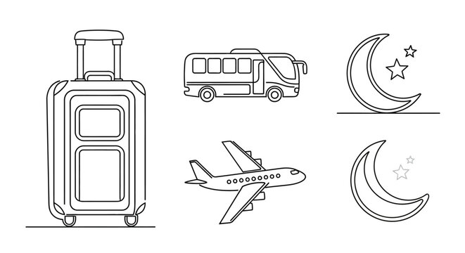 Flat lay illustration of luggage, bus, airplane, and crescent moon symbols representing eid al-fitr journey and mudik tradition travel.