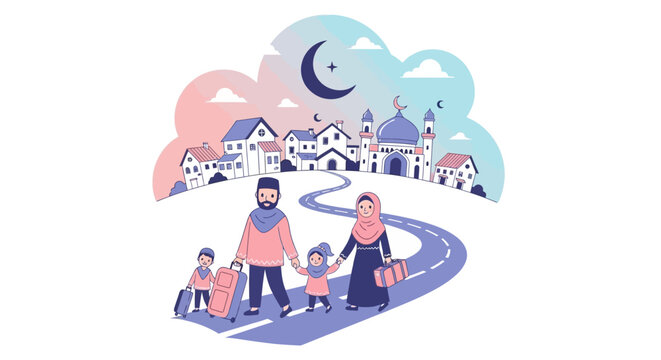 Illustration of a muslim family with luggage traveling home for Eid al-Fitr, symbolizing the mudik tradition and festive migration during the islamic holiday season with a joyful and