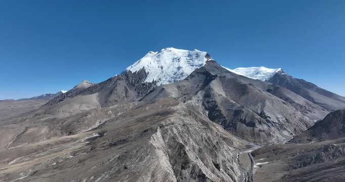 Aerial footage of high altitude glacier and snow capped mountain in Tibet, China