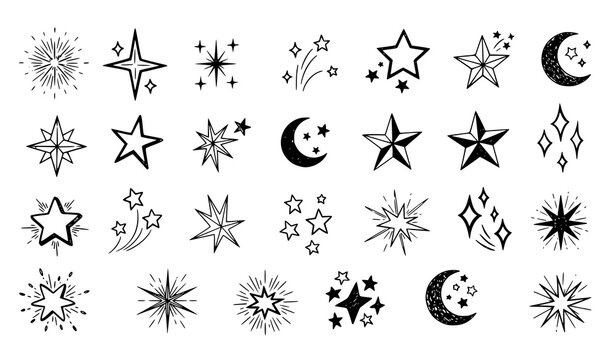 Hand drawn gold star sparkle sticker collection with magic twinkle moon and cute space doodles vector