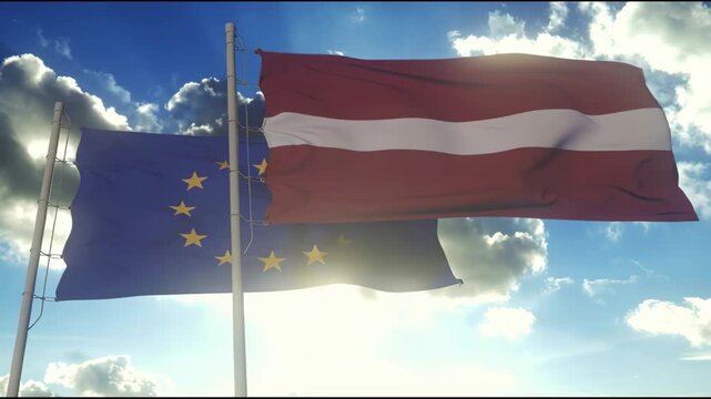 Latvian and European Union flags flying proudly in unison against a bright, sunlit sky with clouds.