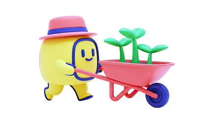 3D Character Pushing Wheelbarrow with Plants