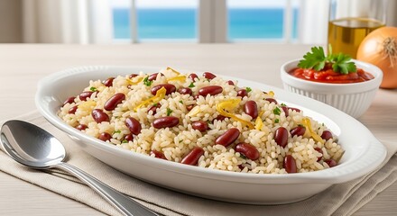 jagacida, traditional Cape Verdean dish, loose white rice mixed with red beans in balanced proportion, seasoned with golden onion, garlic, and olive oil.