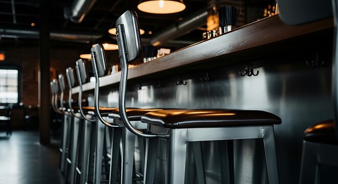 A row of empty bar stools lines the counter in a dimly lit restaurant interior with a modern aesthetic.