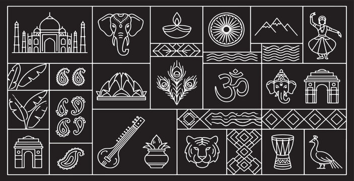 Collection of Indian cultural symbols and icons in a geometric pattern on a black background.