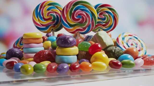 Bright and Colorful Assortment of Candies including Lollipops, Hard Candy, and Jelly Beans Displayed for Sweet Treat Celebration