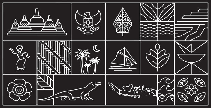Collection of Indonesian cultural symbols and landmarks presented in a minimalist line art style on a black background.