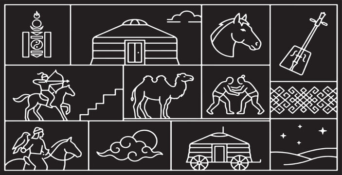 Collection of Mongolian cultural symbols and elements in a line art style on a black background.